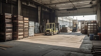 Naklejka na ściany i meble A loading dock with forklifts and pallets. AI generated