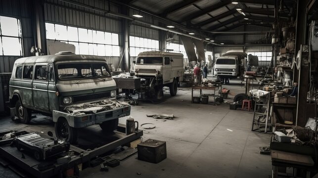 A mechanical workshop repairing vehicles. AI generated