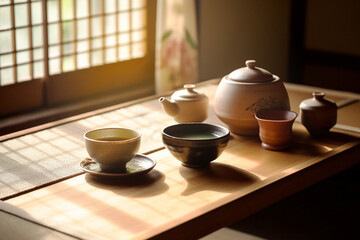 Japanese tea ceremony interior in traditional style. Generative AI