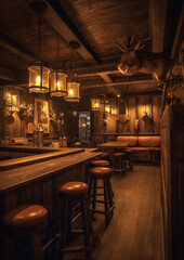 Fototapeta na wymiar Vintage traditional cowboy pub interior for design. Generative AI