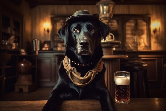 Black labrador in cowboy hat in pub. Generative AI