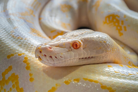 Albino Reticulated Python closeup, Tirta Gangga Royal Water Garden, East Bali, Indonesia