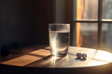 Glass cup filled with water is on the table next to the window. There are pills on the table. Concept of taking medications, antidepressants, taking vitamins. Generated by AI