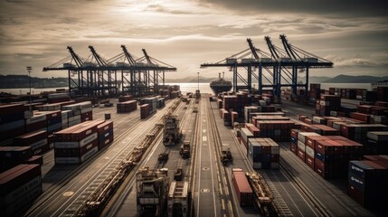 Naklejka premium A shipping yard with multiple cranes lifting contain. AI generated