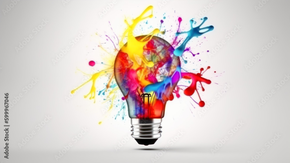 Poster colorful splashes and light bulb on white background. 3d rendering generative ai