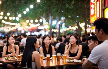 Bokeh background of Street Bar beer restaurant, outdoor in asia, People sit chill out and hang out and listen music together, Happy life, work hard play hard, Local street restaurant. Generative AI - obrazy, fototapety, plakaty
