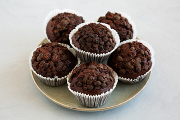 Homemade Dark Chocolate Muffins on a Plate, side view.