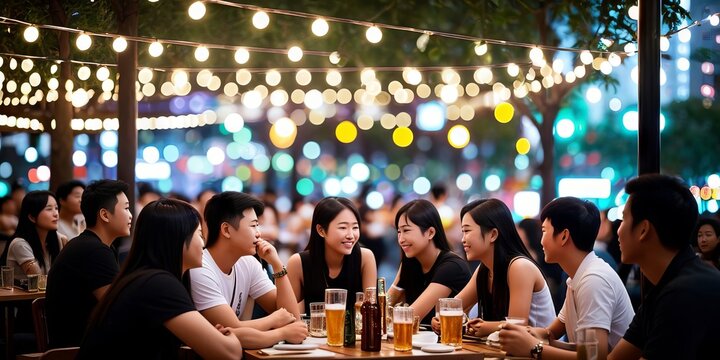 Bokeh background of Street Bar beer restaurant, outdoor in asia, People sit chill out and hang out and listen music together, Happy life, work hard play hard, Local street restaurant. Generative AI