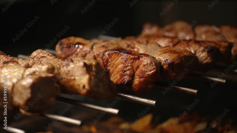Poster grilled meat on skewers in the oven. close-up. generative ai