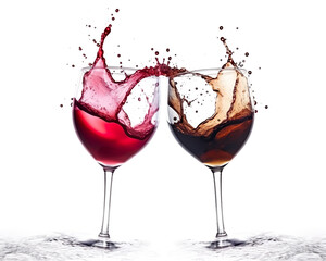 Red wine glasses up and splash on white background. Generative Ai.