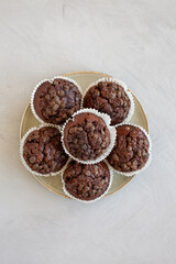 Homemade Dark Chocolate Muffins on a Plate, top view. Overhead, from above, flat lay.