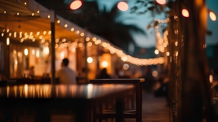 Blur and bokeh of beach bar restaurant for background. Generative Ai. - obrazy, fototapety, plakaty