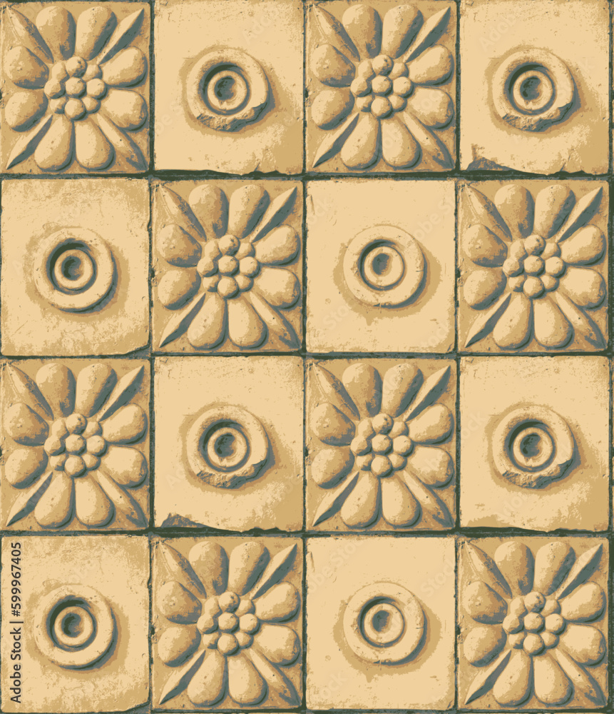 Poster vector seamless pattern with elements of old architecture, tiles, rosettes with geometric ornament. 