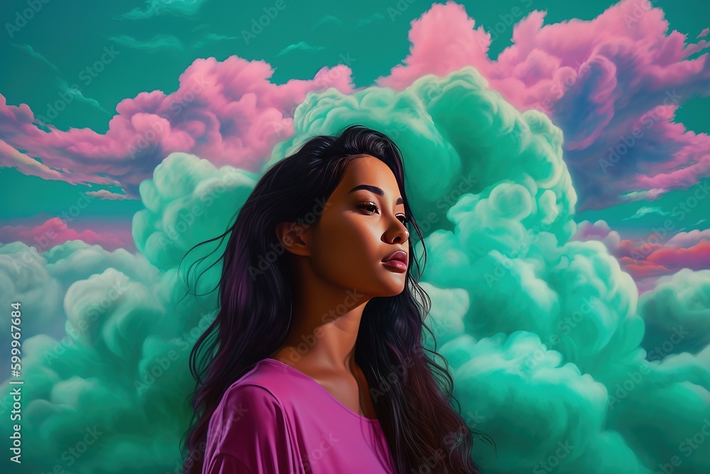 Poster an image depicting a lady posing in front of some clouds generative ai