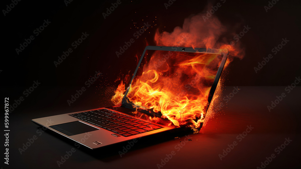 Poster burning laptop on dark background. fire concept. 3d rendering generative ai