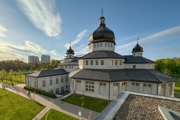 Fototapeta na wymiar Lviv, Ukraine - April 2023: Ukrainian Catholic University (UCU), private institution for education and research. The Church of the Holy Wisdom of God. 