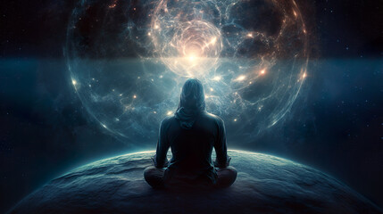 Trance or meditation or astral body concept. Spiritual human body silhouette. Generative Ai.