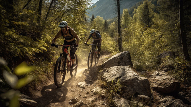 a pair of adventurous mountain bikers out on a trail