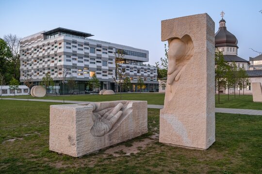 Lviv, Ukraine - April 2023: Sculptures on the territory of the Ukrainian Catholic University (UCU), private institution for education and research. 