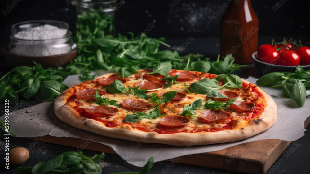 Poster pizza with salami and arugula on a black background generative ai