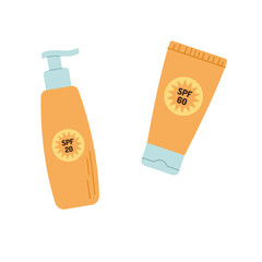 SPF bottle and tube set. Sunscreen protection and sun safety. Sunscreen cream, lotion, spray collection.