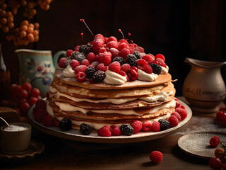 Delicious pancakes cake with fresh blueberries, raspberries, blackberries, cherries, strawberries, cream and chocolate on a nice dusty dark red color background. Ai