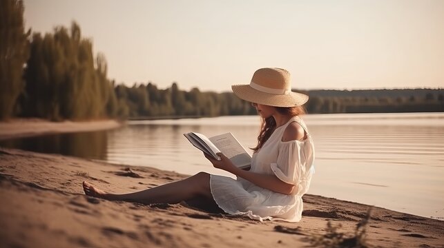Relaxing and vacation and reading concept. Woman relaxing by the waters edge with a book by her side Generative AI