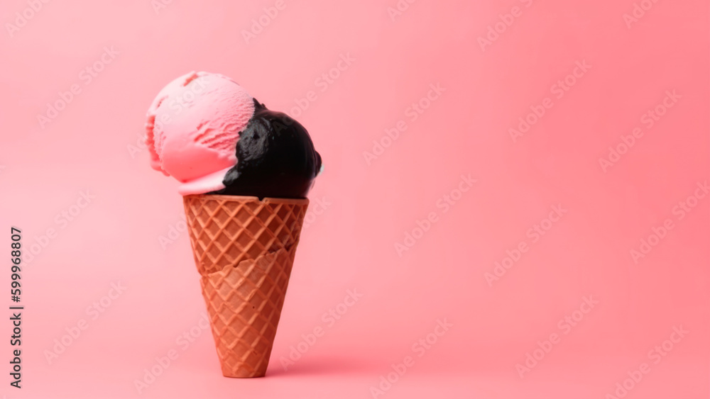 Aufkleber ice cream in a waffle cone on pink background with copy space generative ai