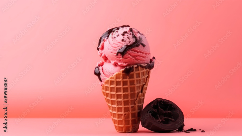 Aufkleber ice cream scoops in waffle cone on pink background with copy space generative ai