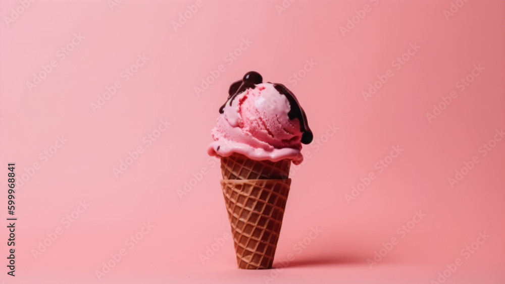 Poster ice cream in a waffle cone on a pink background. copy space. generative ai