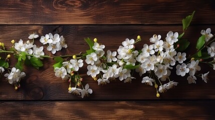 beautiful frame with flowers of cherry, the Spring summer mood,Wooden background Generative AI