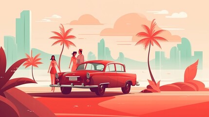 Family is going on vacation, journey on weekend by car. People in red vehicle on background of sunny palm beach Generative AI