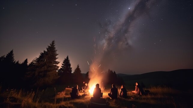 Evening summer camping, spruce forest on background, sky with falling stars and milky way. Group of five friends sitting together around campfire Generative AI