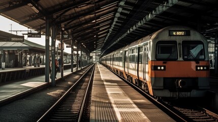 Fototapeta na wymiar A train passing through a railway station. AI generated