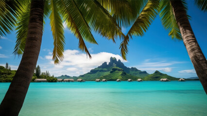 Fototapeta na wymiar Beautiful panoramic view of tropical island with palm trees and lagoon generative ai