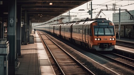 Fototapeta na wymiar A train passing through a railway station. AI generated