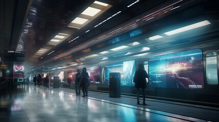 A train station with levitating trains and holograph. AI generated