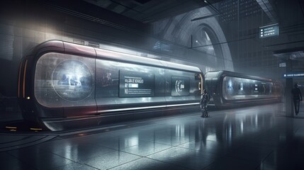 A train station with levitating trains and holograph. AI generated