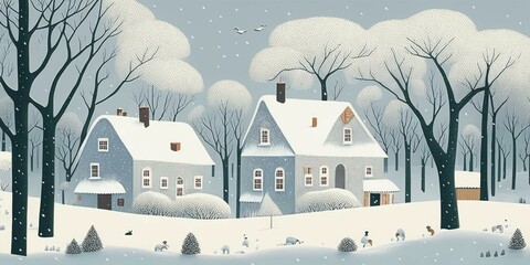  A snowy scene with a house and trees, a storybook illustration - generative AI