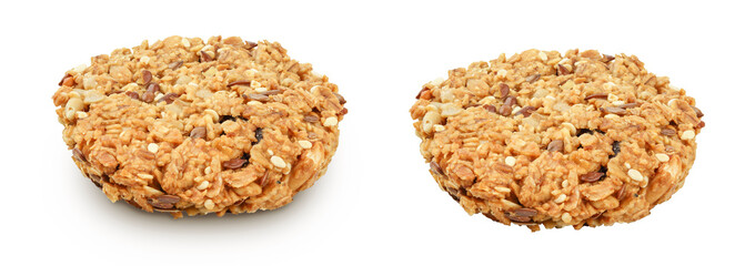 Granola cookie isolated on white background with full depth of field.