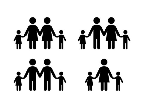 Different types of families black silhouette icon set vector. Stylized figures of people graphic design element on a white background. Parents and children icons. LGBT family holding hands symbol