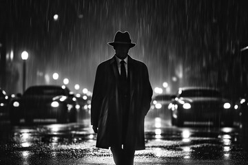 Noir movie, portrait of 40s detective standing under the rain. Generative AI - obrazy, fototapety, plakaty