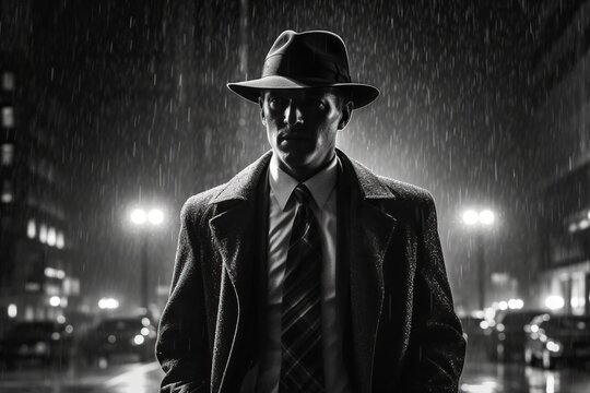 Noir movie, portrait of 40s detective standing under the rain. Generative AI