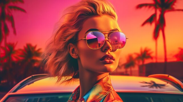Fashion portrait of beauliful woman, Miami girl wearing sunglasses in summer, palm trees and 80s car on background. Generative AI