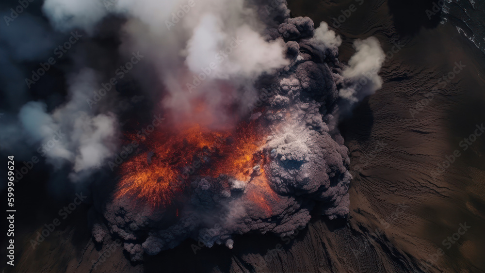 Poster 3d illustration of volcano eruption with lava and ash in the background generative ai