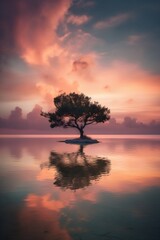 Fototapeta na wymiar Lonely Tree in a Lake Water in Pink Sunset Generative AI