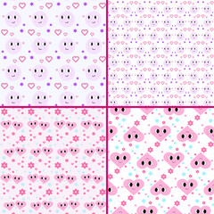 Set of seamless patterns for kids with playful smiling hearts and geometric elements, shapes. Childish style vector illustrations.