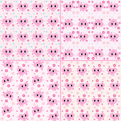 Seamless patterns set with happy smiling hearts, pink colors. Simple geometric vector illustrations.