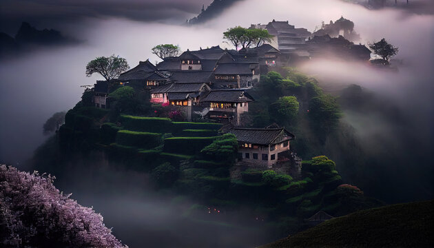 Japanese Gorden With Traditional Village on Misty Mountain of Landscape Background AI Generative