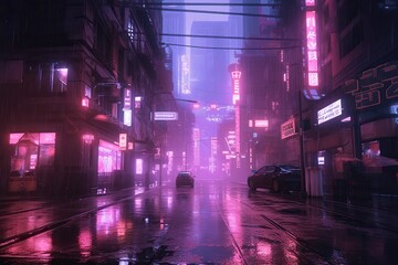 Futuristic cyberpunk city street under glowing light of neon signs. Generative AI